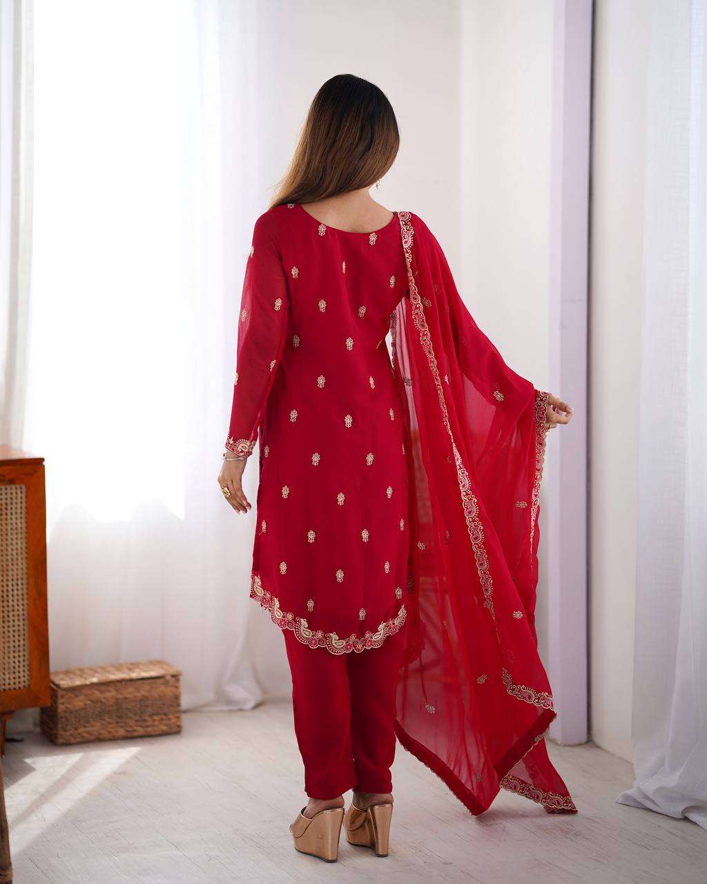 Women's Georgette Embroidery Straight Kurti with Pant And Dupatta Set - Image 4