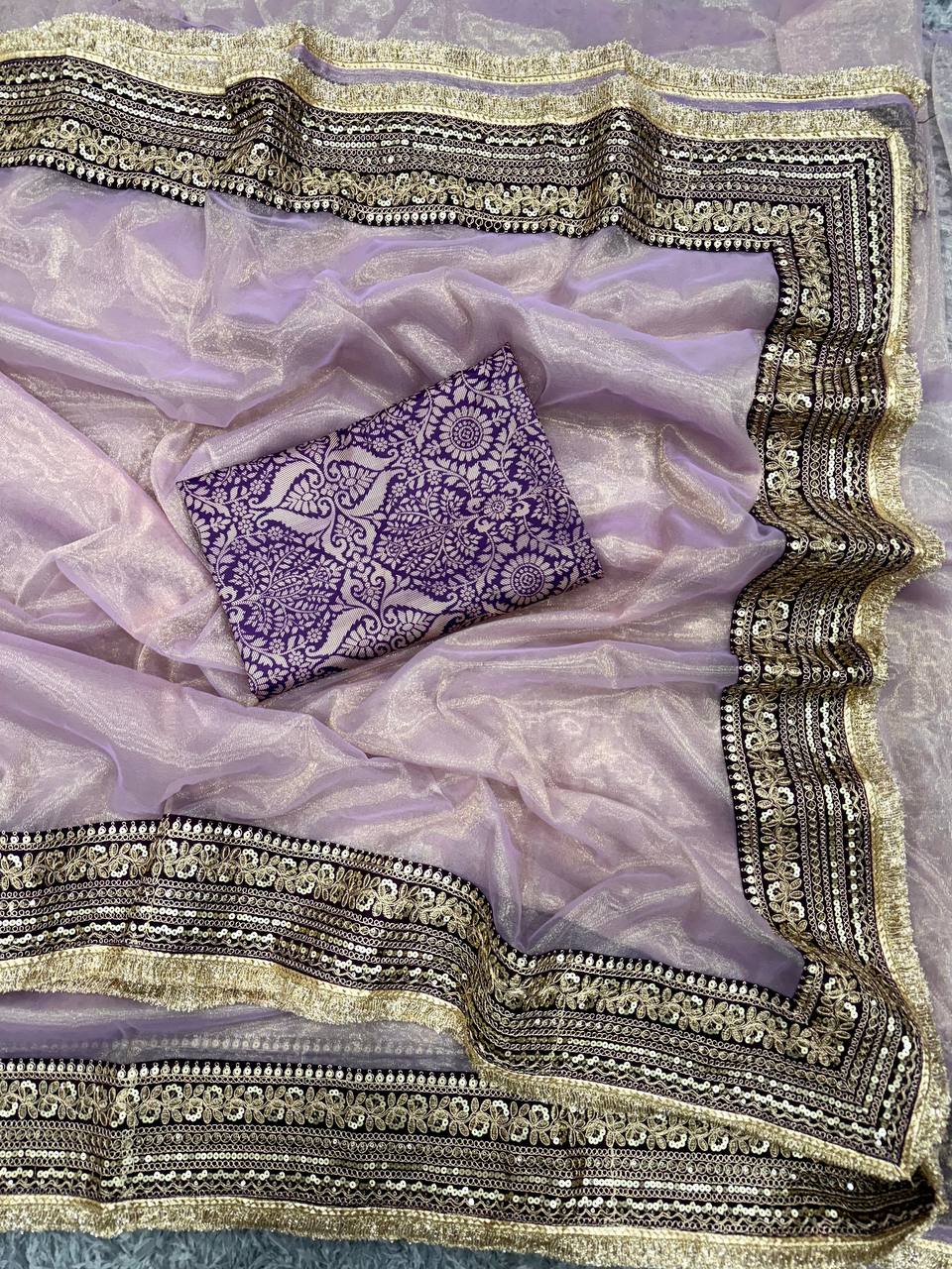 Women's Luxurious Mauve & Purple Art Silk Saree with Intricate Golden Zari & Broad Embroidered Border โ Complete with Brocade Blouse for Festive & Wedding Wear - Image 3